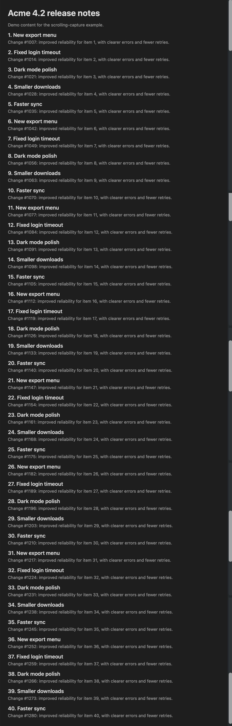 A stitched capture of a long release-notes page, items 1 to 40.